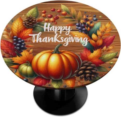 Vista 45 de Mantel redondo ajustado con diseño de calabaza de otoño, hojas de otoño, color amarillo, pequeño con borde elástico, manteles circulares lavables