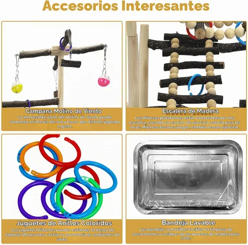 Vista 5 de kathson Parque infantil grande para pájaros, perca de madera natural, 4 capas, centro de actividades con perchas, escalera, juguetes para masticar