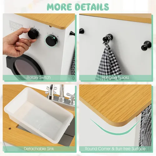 Vista 5 de GLACER Juego de cocina de madera para niños, cocina de juego de simulación de 2 piezas con luces y sonidos realistas, lavadora, dispensador de agua