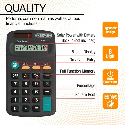 Vista 3 de BAZIC Products Calculadora de bolsillo de 8 dígitos, color negro Potencia dual