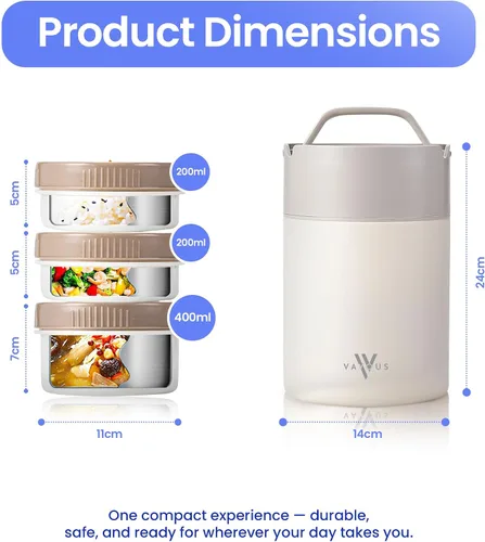 Vista 3 de Tarro de alimentos aislado de 60 onzas con tapa para sostener el teléfono – Lonchera de acero inoxidable con 3 compartimentos – Bento térmico a
