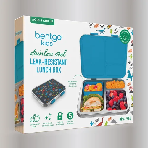 Vista 9 de Bentgo Kids Prints - Lonchera de acero inoxidable con 3 compartimentos Recipiente de silicona para niños de más de 3 años, duradero, sin olor