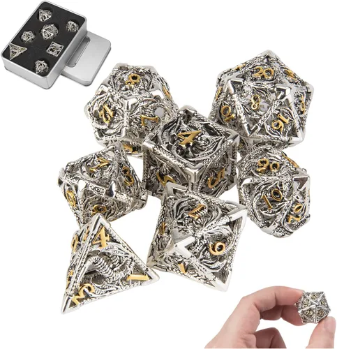 Vista 10 de Dados DND, dados de metal huecos D&D, juego de dados de mazmorras y dragones con caja de regalo, 7 piezas de juegos de dados poliédricos steampunk