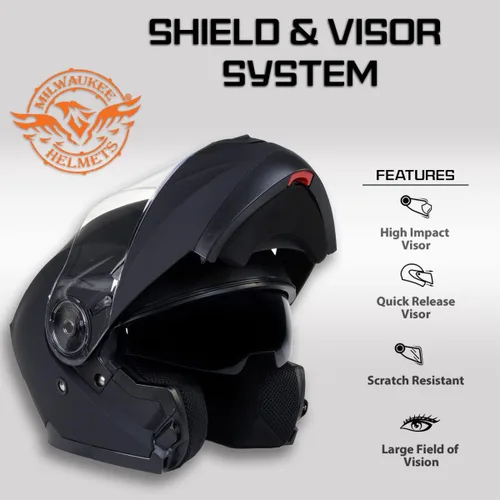 Vista 5 de Milwaukee Helmets Breeze - Casco modular de motocicleta plano negro avanzado con visera desplegable aprobado por DOT MPH9814DOT - XS