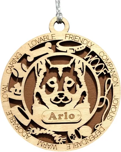 Vista 82 de Adorno de Navidad personalizado para perro Cavalier King Charles Spaniel, redondo de 3 pulgadas, madera cortada con láser de 2 capas, nombre y texto