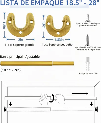 Vista 6 de Barras de armario para colgar ropa, resistentes, longitud ajustable (#1 dorado, 18.5 - 28 pulgadas)