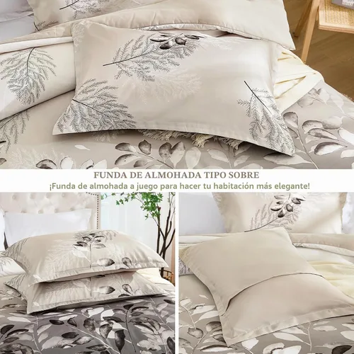 Vista 5 de DJY Juego de edredón beige tamaño Queen, edredón de 3 piezas con hojas botánicas marrones con 2 fundas de almohada, tamaño Queen, juego de edredón