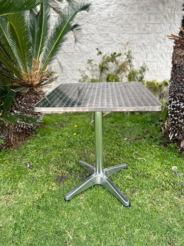 Vista 7 de BTEXPERT Mesa cuadrada de restaurante para interiores y exteriores, 23.75 pulgadas, muebles de aluminio plateado de acero inoxidable con base