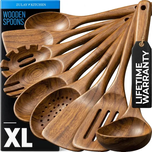 Vista 11 de Zulay Kitchen Juego de 5 cucharas de madera extragrandes - Utensilios de cocina de teca lisa - Cucharón, espátula, espumadera, tenedor, cuchara