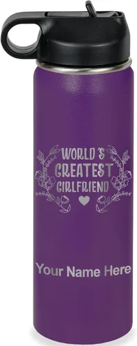Vista 47 de LaserGram Botella de agua personalizada, World's Greatest Girlfriend, acero inoxidable de doble pared aislada al vacío con popote superior, regalo