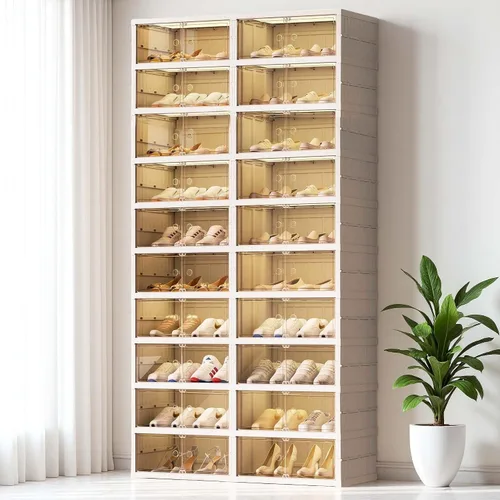 Vista 6 de Organizador plegable para zapatos para armario, 9 niveles, 18 pares, apilable, estante de zapatos plegable con puertas, organizador de zapatos