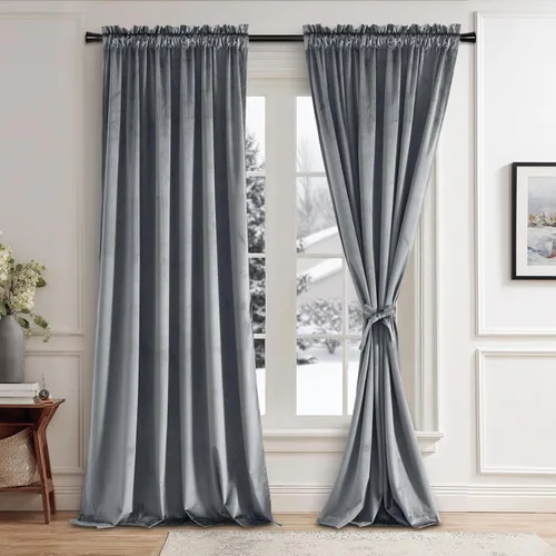 Vista 98 de JIUZHEN Cortinas de terciopelo beige de 63 pulgadas de ancho x 63 pulgadas de largo, cortinas de terciopelo retro suaves con bolsillo para barra
