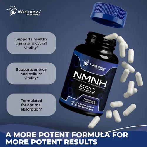 Vista 3 de WELLNESS LABSRX NMNH 650 mg por porción - Mononucleótido de dihidronicinamida - Apoya los niveles de NAD+ - 90 cápsulas vegetales - Suministro