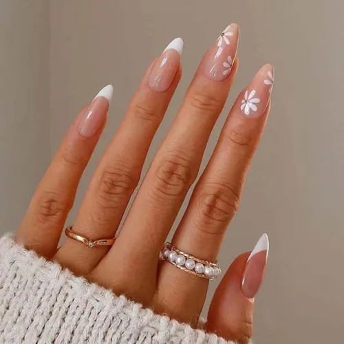 Vista 19 de RikView uñas postizas blancas en forma de almendra de longitud media, uñas adhesivas naturales, uñas en relieve con diseño de margarita