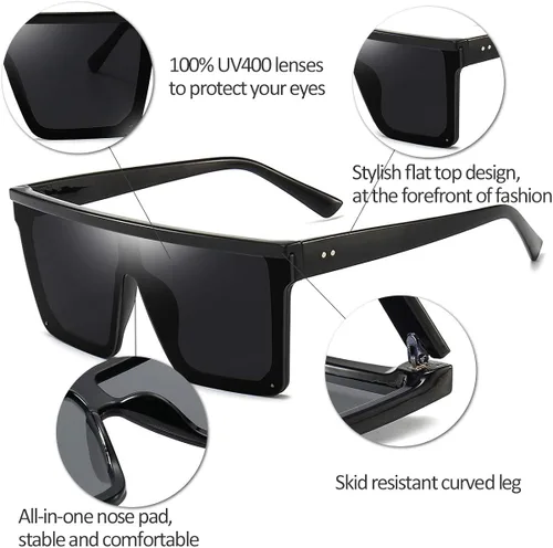 Vista 4 de Dollger - Lentes de sol cuadrados extragrandes para mujer y hombre, de moda, armazón negro con parte superior plana