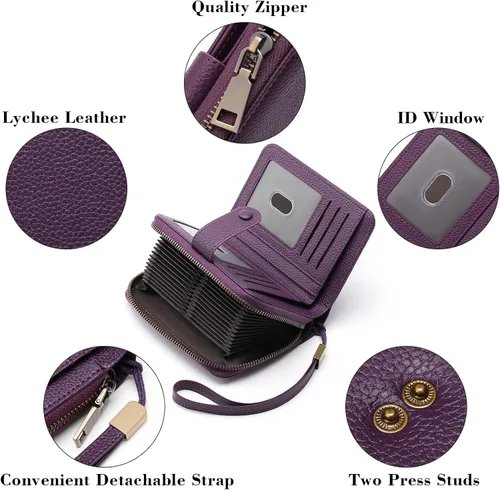 Vista 5 de GAEKEAO Cartera pequeña de cuero para mujer, con bloqueo RFID, con cremallera, organizador de tarjetas con llavero, A05-Púrpura-Large, Retro