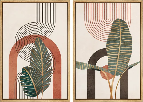 Vista 37 de SIGNFORD Lienzo enmarcado para pared, juego de arte geométrico retro de mediados de siglo, plantas forestales, ilustraciones con formas abstractas