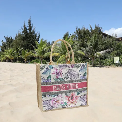 Vista 5 de JNF Bolsa de playa de yute para mujer, bolsa de arpillera con cremallera, reutilizable, con asa