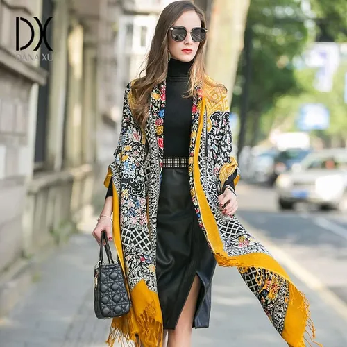 Vista 4 de DANA XU 100% pura lana merino extra grande pashmina cachemira bufanda chal y envoltura para mujeres invierno manta floral de gran