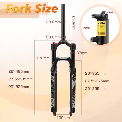 Vista 5 de Horquilla de suspensión BUCKLOS para bicicleta de montaña de 26/27.5/29, tubo recto de ajuste de rebote de 1.126 in QR 0.354 in de viaje, bloqueo