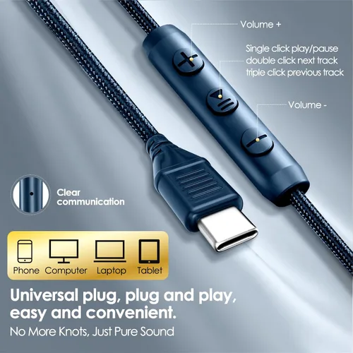 Vista 6 de Auriculares con cable USB C sobre la oreja con micrófono HD Auriculares Azul