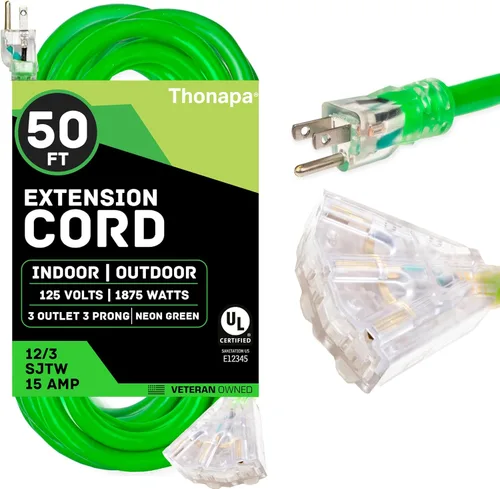 Vista 6 de THONAPA SJTOW - Cable de extensión resistente de 25 pies con 3 tomas, resistente al aceite, calibre 12, con múltiples tomas de corriente de 3 Negro