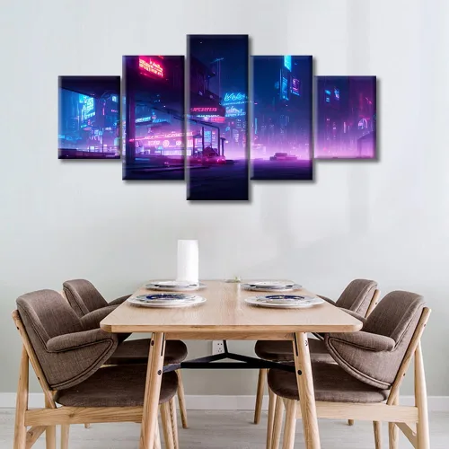 Vista 9 de Cuadros de 5 paneles de Cyberpunk City, arte de pared, representación de vallas publicitarias, edificios modernos en la capital con obras de arte