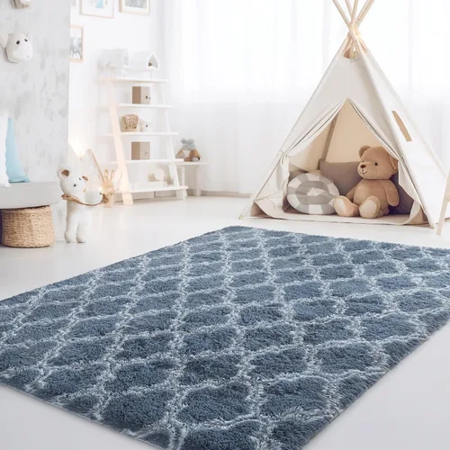 Vista 7 de CRUGZ Alfombra de lujo geométrica azul a cuadros de 5 x 7 pies, ultra suave, alfombra azul para sala de estar, alfombra azul marroquí peluda