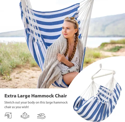 Vista 3 de SUNCREAT Sillas tipo hamaca con barra de soporte de acero, azul y blanco