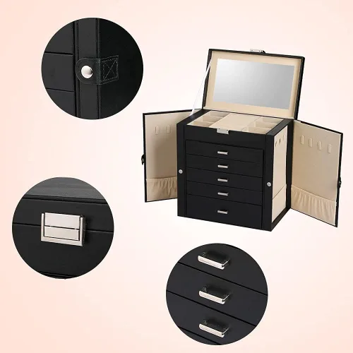 Vista 4 de Frebeauty Joyero grande, organizador de joyas de piel sintética de 6 niveles con cerradura, estuche de almacenamiento multifuncional con espejo