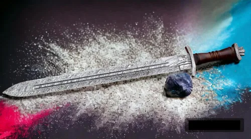 Vista 4 de Espada de acero de Damasco forjada a mano personalizada Espada de daga suiza Viking Gladius Espada de doble filo Espada de Gladiador de sangre