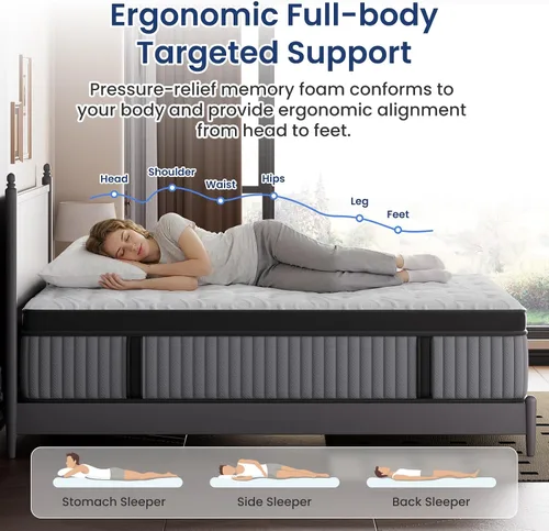 Vista 3 de BedStory Colchón híbrido de firmeza media de 14 pulgadas, colchón híbrido para sueño profundo alivio del dolor de 7 zonas, cama extra firme en una