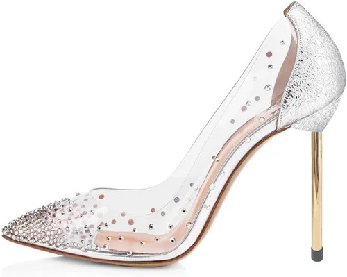 Vista 2 de FSJ - Zapatos de tacón transparentes puntiagudos con incrustaciones para mujer, tacón alto con lazo, tallas estadounidenses (4 a 15 M)