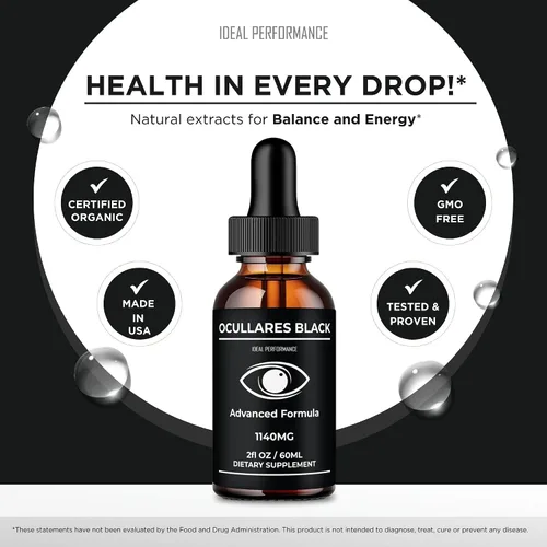 Vista 5 de Ocullares Black Drops, goteros oficiales de Ocullares para la salud de ojos negros, máxima fuerza, bienestar visual natural y vista cristalina