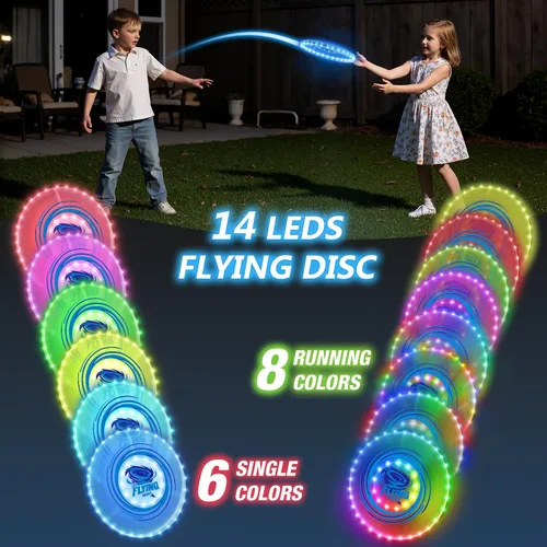 Vista 2 de HYES Paquete de 2 discos voladores iluminados para niños, 45 LED, 14 modos de iluminación, anillo volador recargable que brilla en la oscuridad