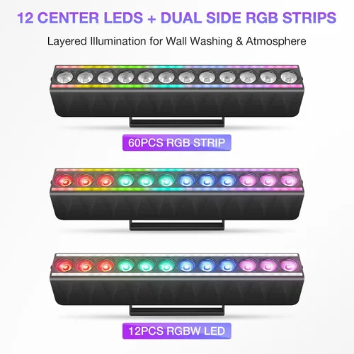 Vista 2 de Barra de luz LED para lavado de escenario, paquete de 2: mezcla de colores RGBW de 60 W - Tiras RGB de doble cara - DMX y activado por sonido