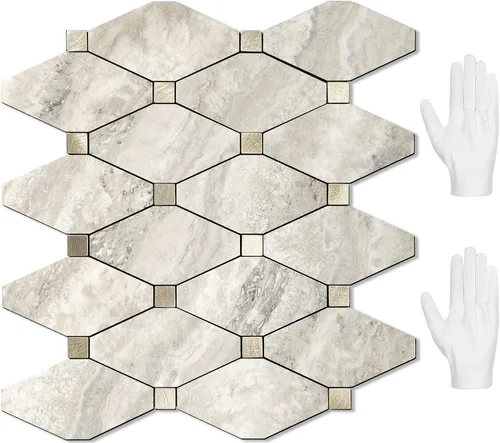Vista 17 de STICKGOO 1 hoja de salpicaduras de pared para despegar y pegar, adhesivos de azulejos compuestos de aluminio Calacatta, salpicaduras autoadhesivas