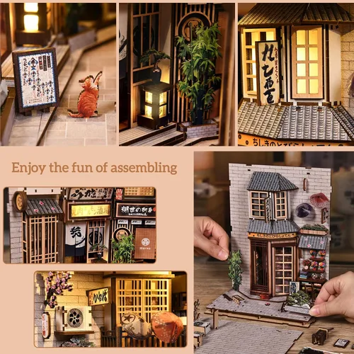 Vista 5 de Kit de rincón de libros, rompecabezas de madera 3D con luz LED, modelo de casa en miniatura de callejón callejón japonés, decoración creativa