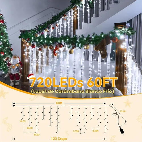 Vista 2 de Ollny Icicle Lights 720LED 60FT, luces de Navidad blancas frías con control remoto, 8 modos regulables, impermeables, enchufables, temporizador, luz