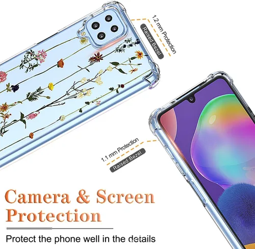 Vista 2 de Funda para Samsung Galaxy A12 4G/Galaxy A12 5G/Galaxy M12 SM-A125 con protector de pantalla, funda transparente con patrones de jardín de flores