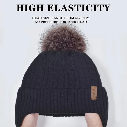 Vista 2 de Gorro de punto con pompón para mujer, gorro de invierno cálido con forro polar para mujer