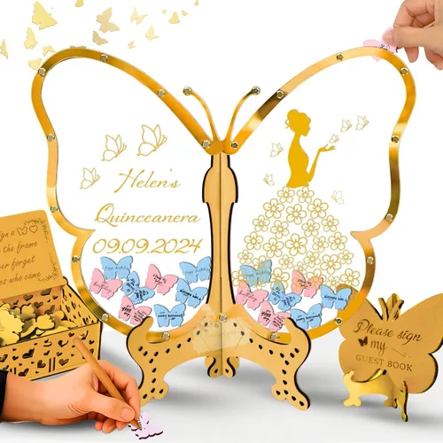 Vista 17 de Alternativa personalizada de libro de invitados con mariposas, libro de invitados para quinceañera, libro de invitados con mariposas para cumpleaños