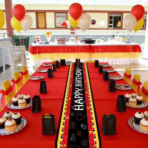 Vista 5 de Camino de mesa de feliz cumpleaños, negro, rojo, amarillo, ratón, tela de poliéster, decoración de mesa de comedor para decoración de fiesta