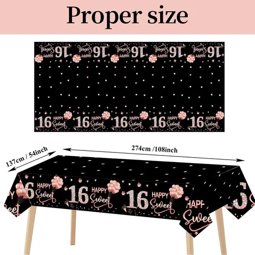 Vista 2 de Paquete de 3 manteles decorativos de cumpleaños dulce 16 para niñas, cubierta de mesa con temática de feliz cumpleaños dieciséis en oro rosa