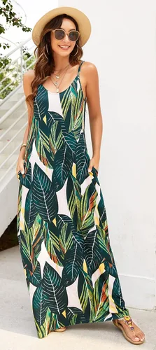Vista 4 de Supnier - Vestido largo de verano para mujer, vestido flora, informal y bohemio con cuello en V, sin mangas, con tirantes delgados y bolsillos