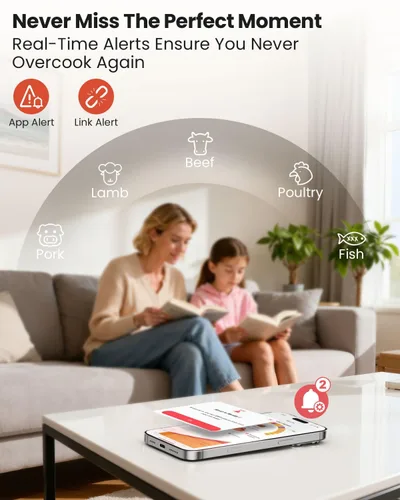 Vista 5 de UNERVER Termómetro inteligente inalámbrico Bluetooth para carne: precisión de ± 0.5 °F, 1 sonda con 6 sensores, termómetro digital WiFi con base