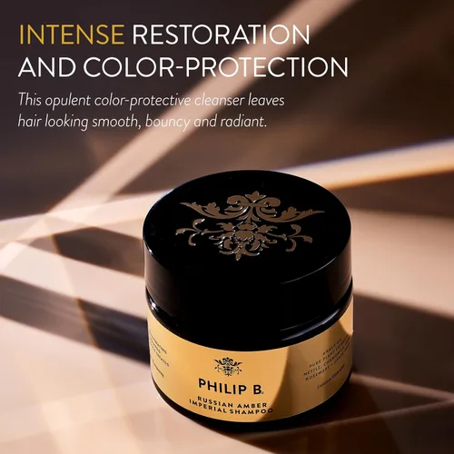 Vista 2 de PHILIP B Russian Amber Imperial Champú, 3 fl. oz. (3.0 fl oz) – Limpiador protector de color que restaura el cabello encrespado sobreprocesado