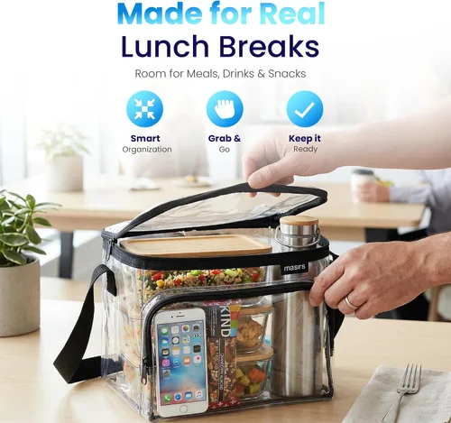 Vista 8 de Masirs Bolsa de Almuerzo Transparente, Bolsa de Almuerzo de Plástico PVC Duradero Transparente con Correa de Hombro Ajustable para Oficiales