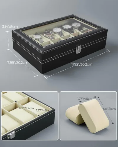Vista 6 de Caja de reloj de piel; organizador de joyería con visualización y 12 ranuras Ohuhu