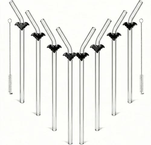 Vista 13 de Pajitas de cristal hechas a mano con dije de murciélago – Pajitas de borosilicato dobladas reutilizables de 9 pulgadas para vasos de 16 oz/20 onzas